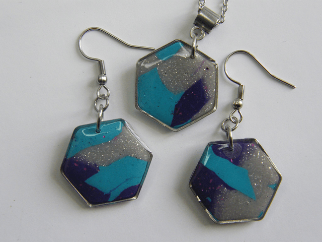 Hexagone Turquoise/Violet/Gris pailleté