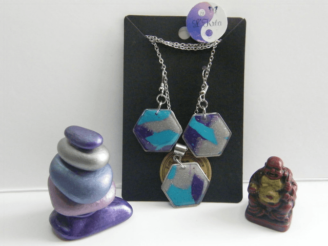 Hexagone Turquoise/Violet/Gris pailleté